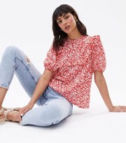 New Look Red Ditsy Floral Frill High Neck Blouse
